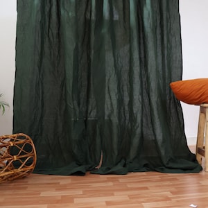 Handmade Linen Curtain Set: Forest Green Boho Window Treatment
