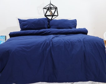 Dark Blue Cotton Duvet Cover Set: Softened Boho Bedding