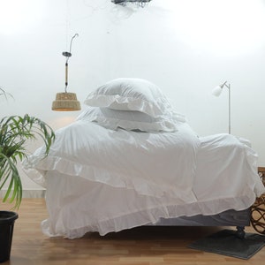 Handmade White Ruffle Duvet Cover Set: 100% Cotton Boho Bedding