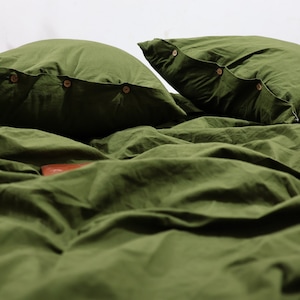 Ensemble housse de couette en coton vert mousse : literie délavée avec boutons noix de coco