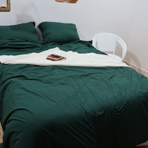 Forest Green Cotton Duvet Cover Set: Stonewashed Bedding with Coconut Buttons