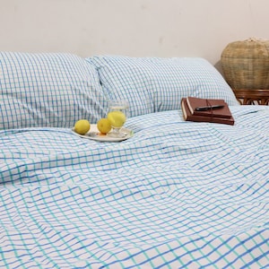 Handmade Blue Plaid Linen Duvet Cover Set: Cotton Bedding