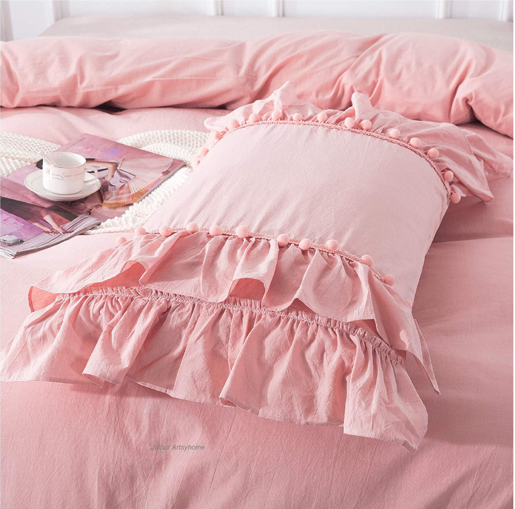 Pink Ruffle with Pom Pom Duvet Cover Washed Cotton Duvet Cover Etsy