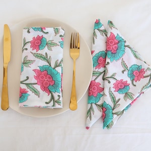 Hand block floral Print Napkins Set, Cotton Napkins, 100% Cotton Dinner Napkins, Custom Size Reusable napkins Set, Pack of wedding napkins