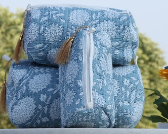 Indian Block Print Cosmetic Bags Set: Quilted Cotton Toiletry Travel Organizer