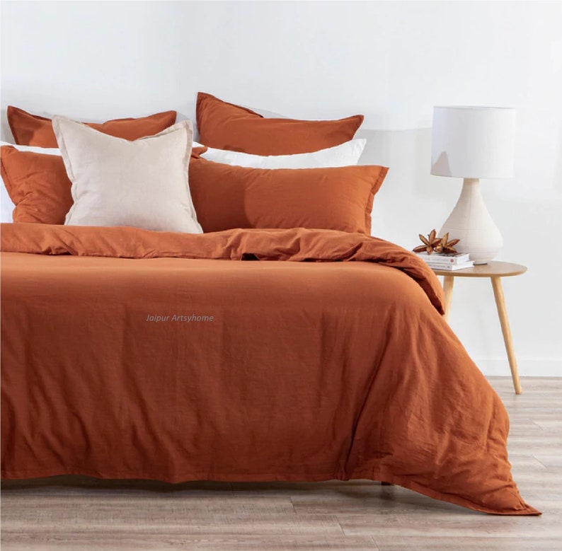 Burnt Orange Color Stonewashed Linen Duvet With Button Set Etsy