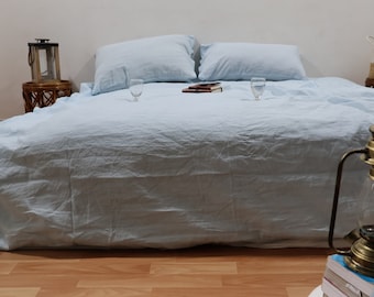 Dusty Blue Linen Duvet Cover Set: Solid Farmhouse Bedding with Coconut Buttons