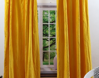 Yellow Mustard Color Washed Cotton Velvet Curtain 2 Panels Solid Farmhouse and Modern Rustic Curtains for Living Room Bedroom Window Curtain