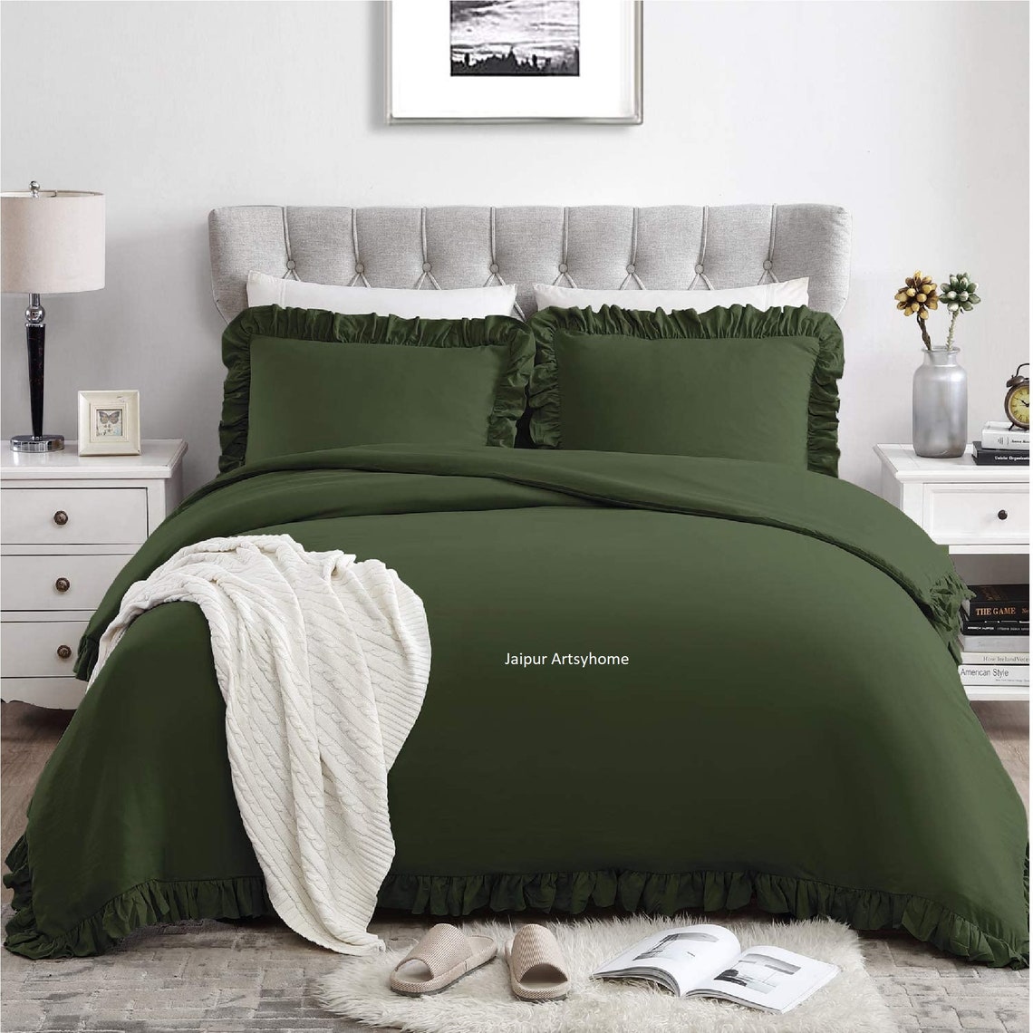 Moss green Color Washed Cotton Duvet Cover With Ruffle Duvet Etsy