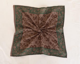 Handmade Block Print Cotton Bandana: Brown & Green Floral Scarf
