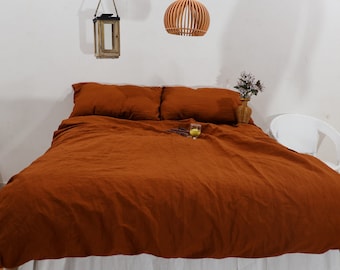 Juego de funda nórdica de lino color naranja óxido hecho a mano: ropa de cama lavada a la piedra