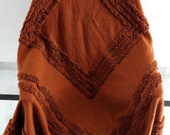 Handmade Tufted Boho Throw Blanket: Rust Orange Cotton