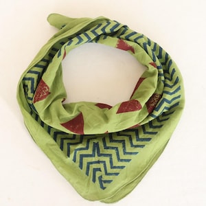 Hand Block Print Cotton Bandana Scarf: Bohemian Moss Green Neckerchief