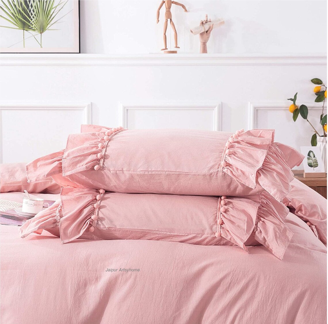 Pink Ruffle with Pom Pom Duvet Cover Washed Cotton Duvet Cover Etsy