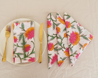 Hand Block Printed Floral Napkins: 100% Cotton Dinner Napkins