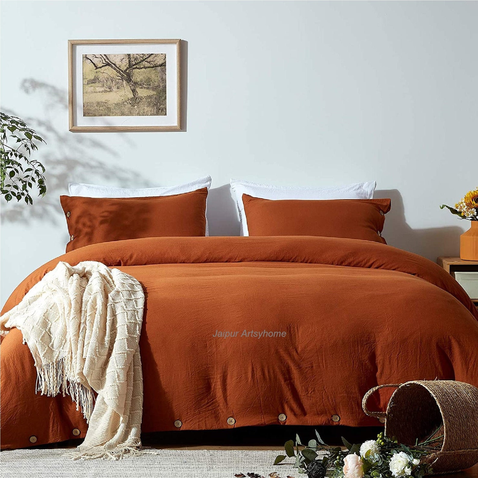 Burnt Orange Cotton Duvet Cover Duvet Cover With Buttons Etsy