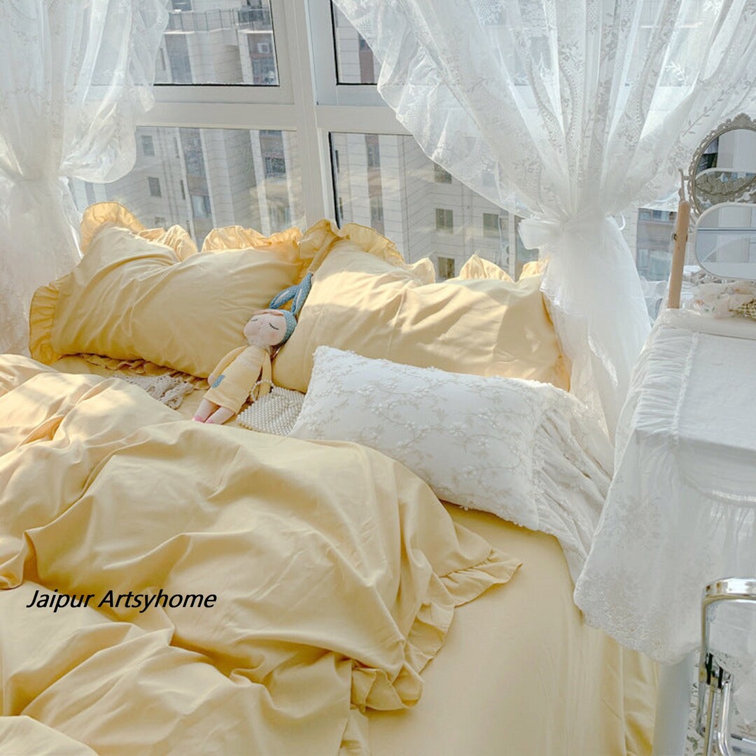 Ruffle Pastel Yellow Duvet Cover Set Ruffled Design Boho Etsy