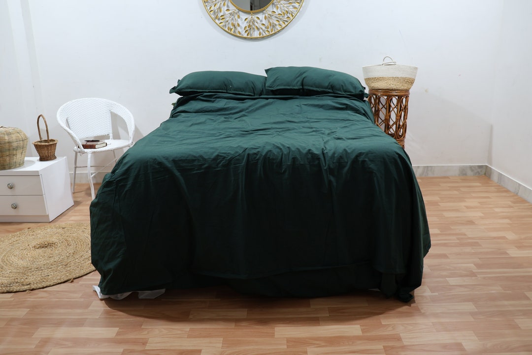 Dark Green Color Cotton Duvet Cover Set, Duvet Cover With Buttons