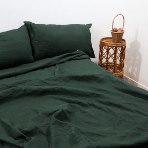 Handmade Emerald Green Linen Duvet Cover Set: Button Closure Bedding