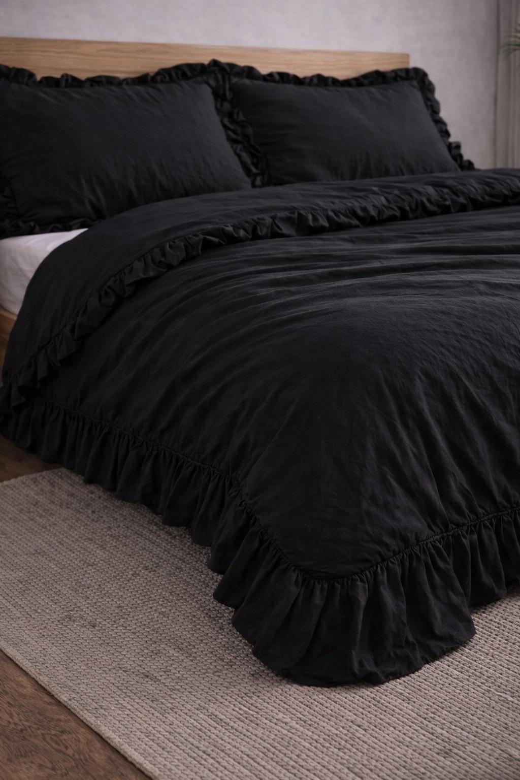 Handmade Full Black Ruffle Organic 100% Linen Duvet Cover Set, Softened ...