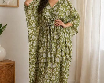 Floral Cotton Kaftan Dress: Hand Block Printed Boho Maxi Cover-Up
