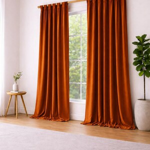 Rust Orange Cotton Velvet Curtains, Luxury Soft Drapes, Rod Pocket Panels