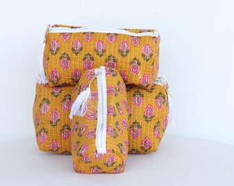 Indian Block Print Cosmetic Bags Set: Quilted Cotton Travel Organizer