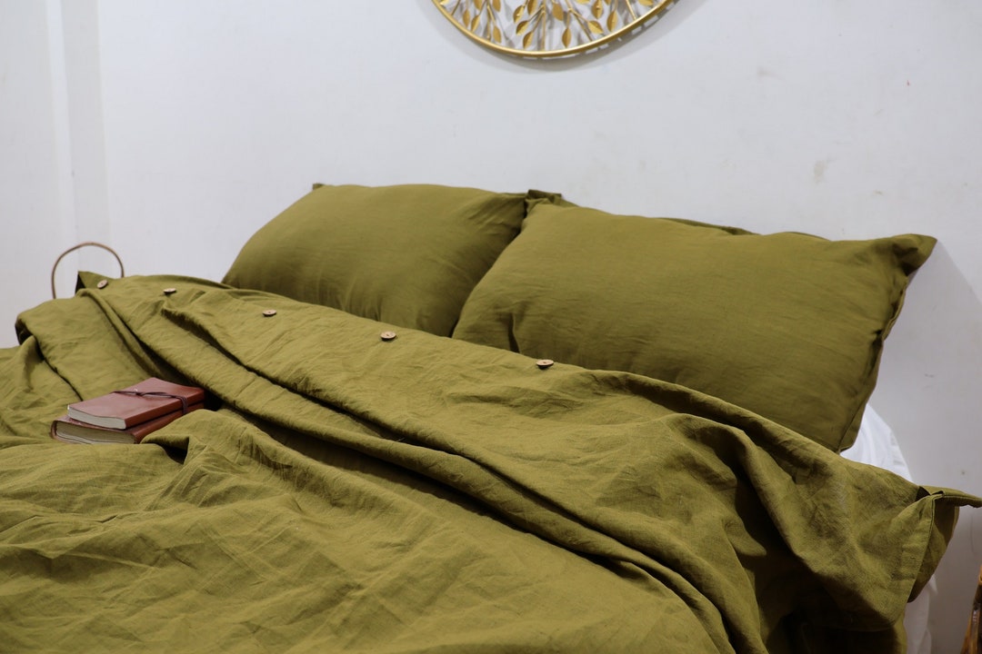 Olive Green Linen Duvet Cover Duvet Cover With Buttons Etsy