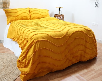 Handmade Mustard Tufted Cotton Duvet Cover Set: Boho Bedding