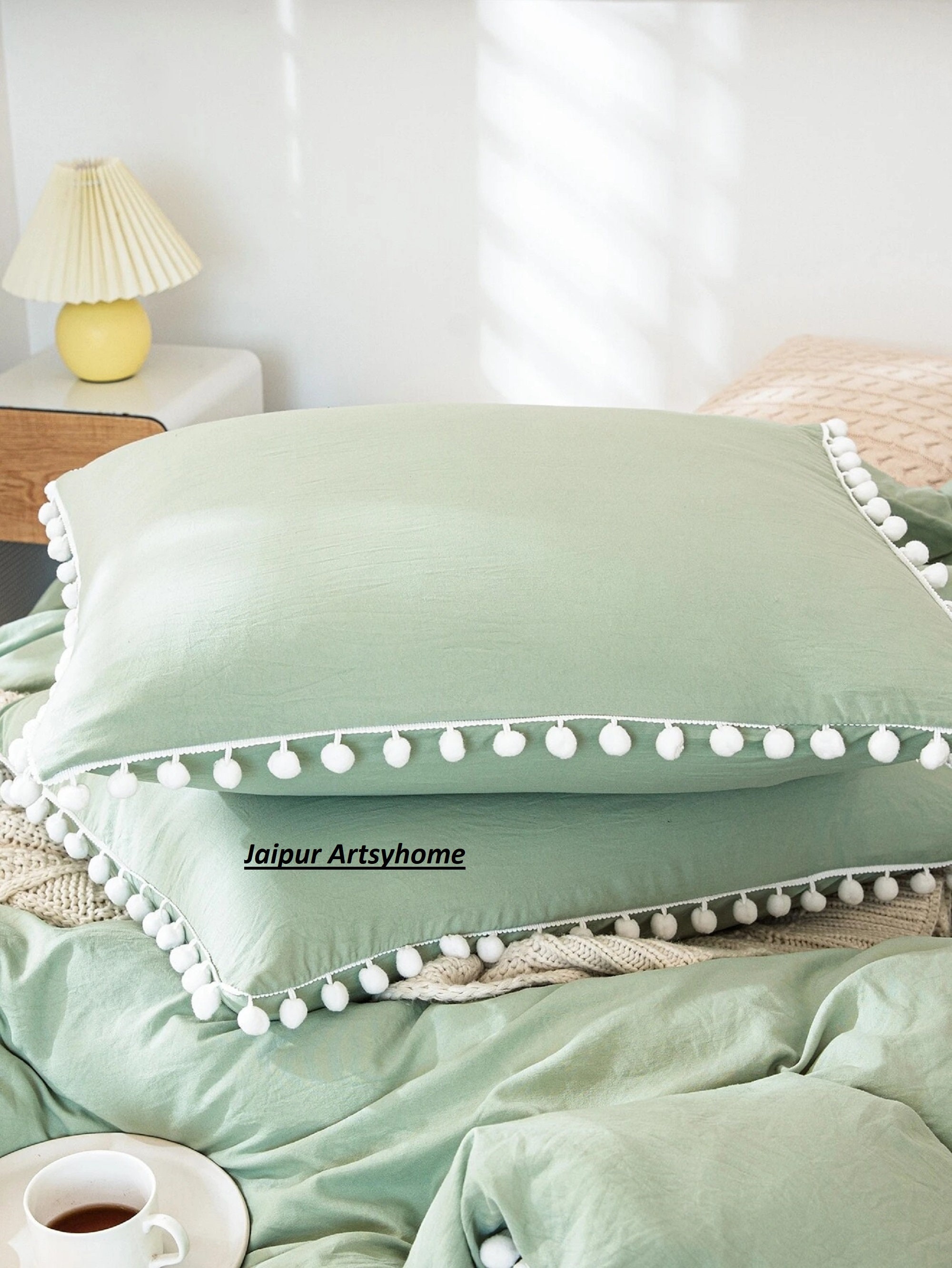 Sage Green With White Pom Pom Quilt Cover Bedding Cover Boho Etsy