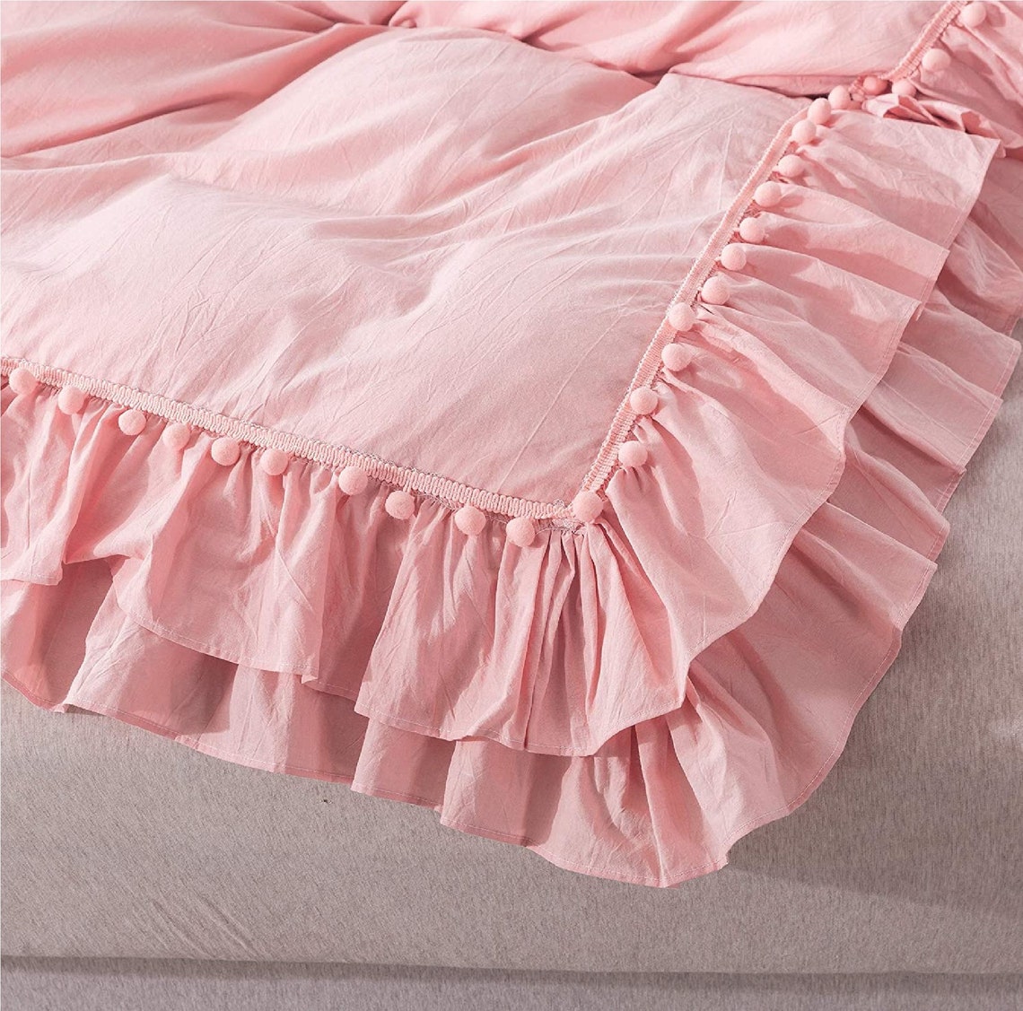 Pink Ruffle with Pom Pom Duvet Cover Washed Cotton Duvet Cover | Etsy