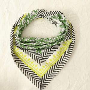 Green Cotton Bandana Scarf: Handblock Floral Print, 21&quot; x 21&quot;