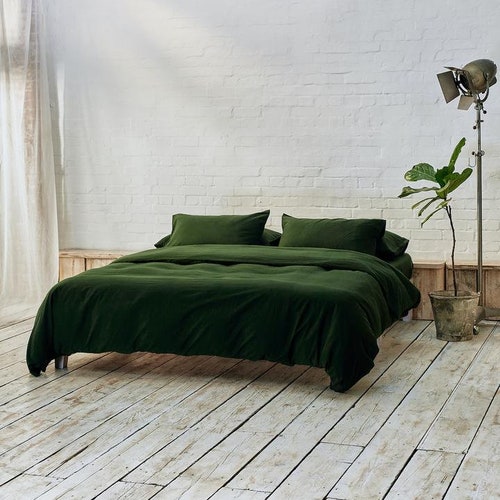 Dark Green Color Linen Duvet Cover Softened Preshrunk Linen Etsy