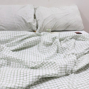 Handmade Sage Green Plaid Linen Duvet Cover Set
