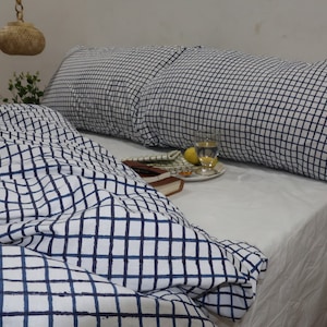Handmade Blue Gingham Linen Duvet Cover Set: Farmhouse Checkered Bedding