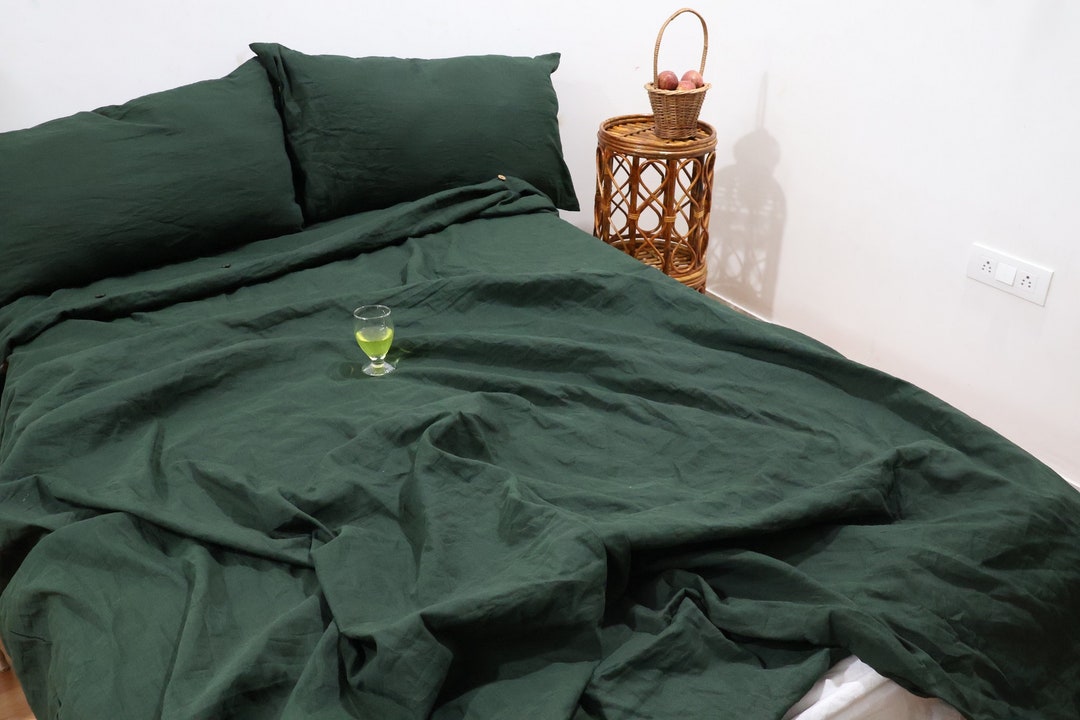Forest Green Linen Duvet Cover, Stonewashed Linen Bedding, Luxurious