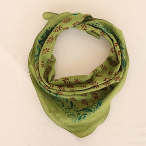 Moss Green Block Print Bandana: Bohemian Cotton Neck Scarf (21x21)