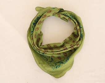 Moss Green Block Print Bandana: Bohemian Cotton Neck Scarf (21x21)