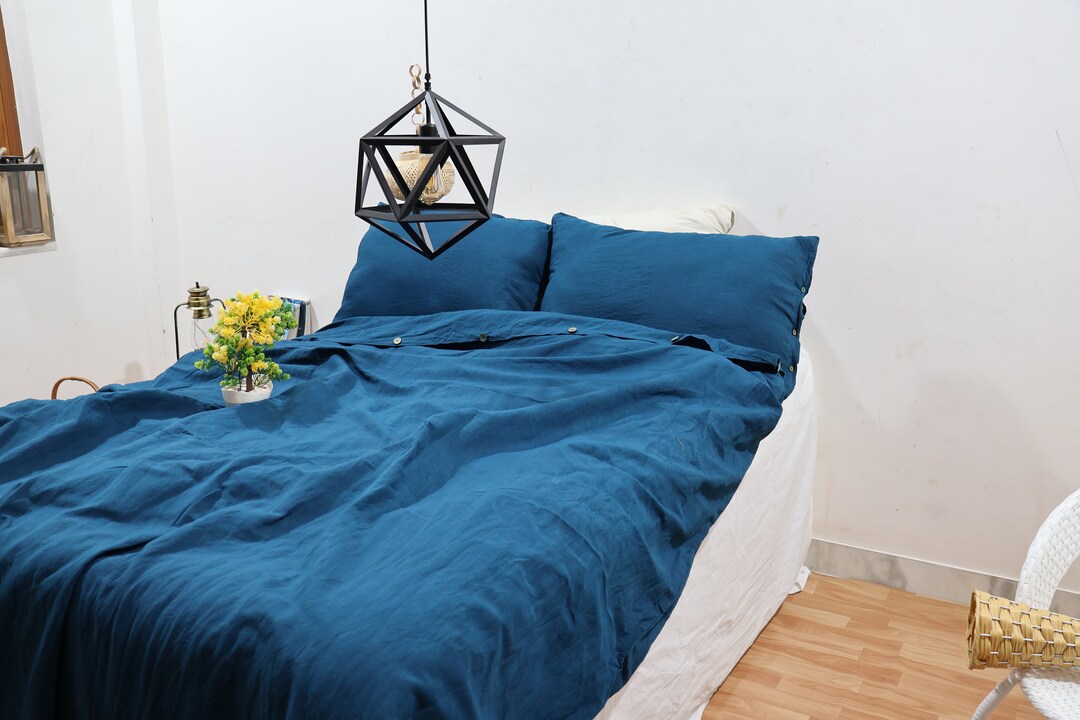 Dark Blue Linen Duvet Cover, Stonewashed Duvet Cover With Buttons, Boho