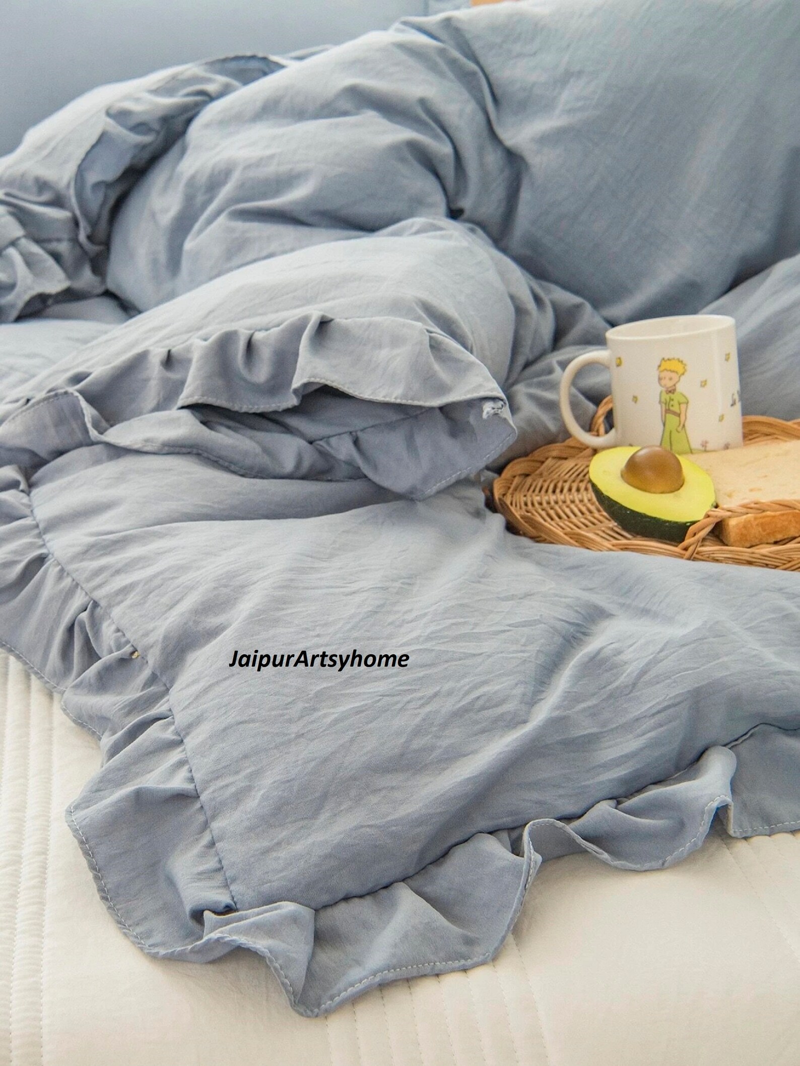 Ruffled Cotton Duvet Cover in Dusty Blue Bedding Set/ruffle Etsy