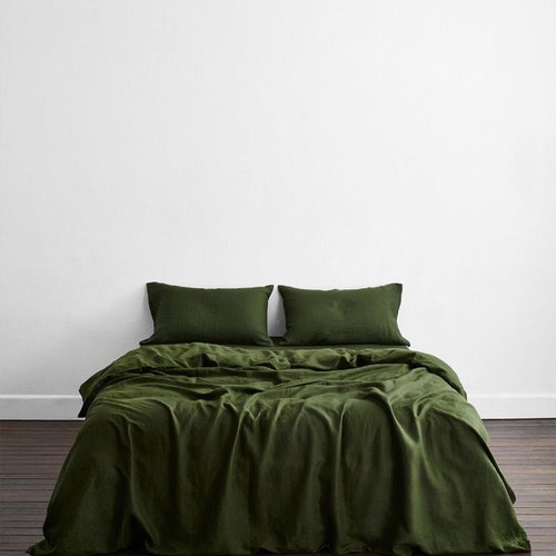 olive-green-linen-duvet-cover-softened-linen-bedding-set-etsy
