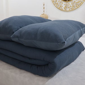 Handmade Cotton Waffle Duvet Cover Set: Blue Grey Bedding