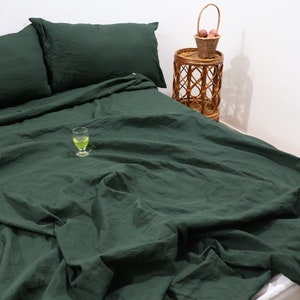 Handmade Forest Green Linen Duvet Cover Set - Coconut Button Closure