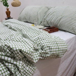 Handmade Green Checks Linen Duvet Cover Set: Organic Cotton Bedding
