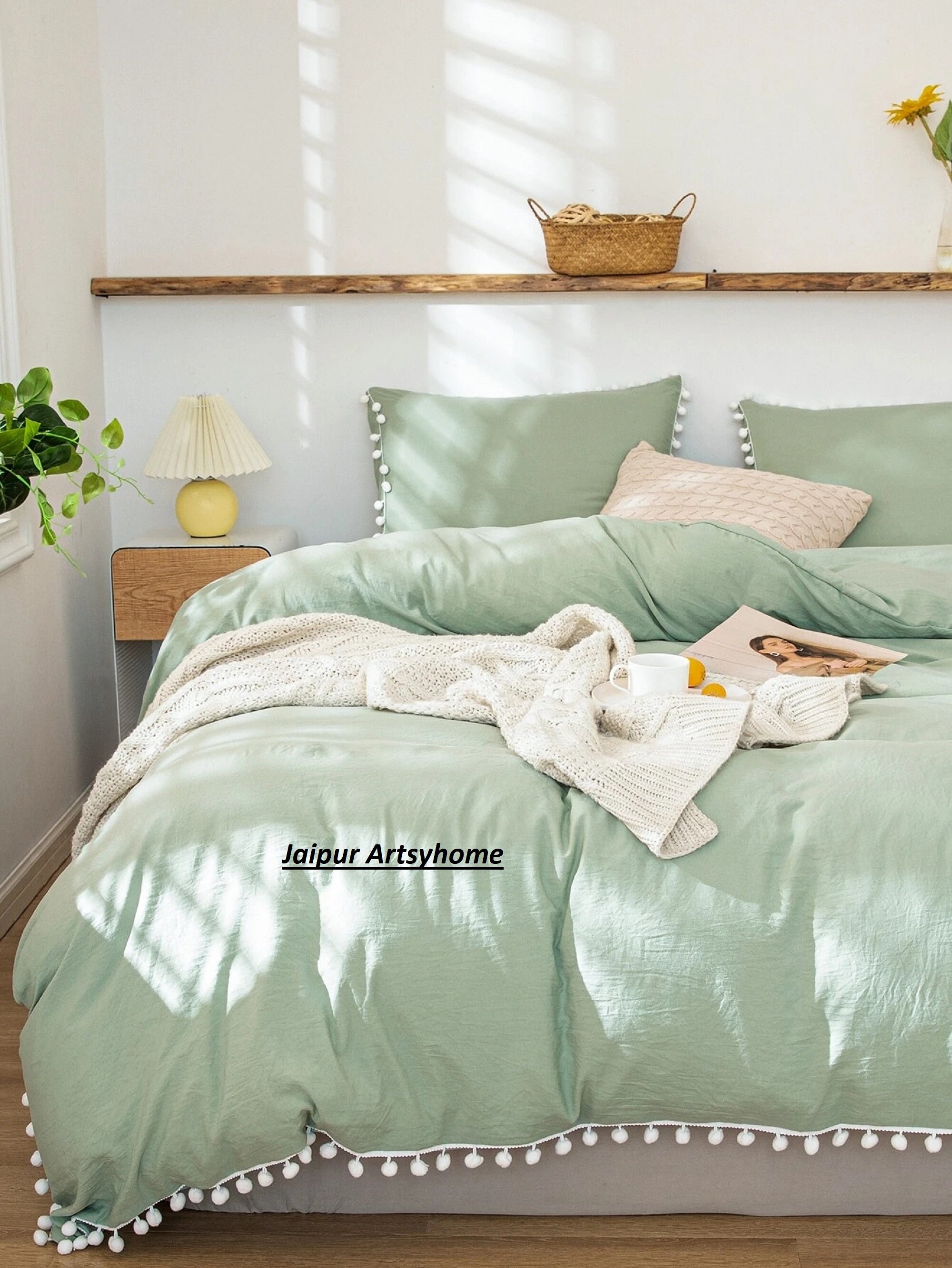 Sage Green With White Pom Pom Quilt Cover Bedding Cover Boho Etsy
