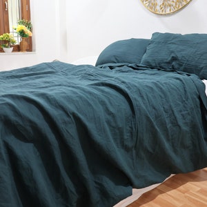 Handmade Emerald Green Linen Duvet Cover Set: Stonewashed Cotton Bedding