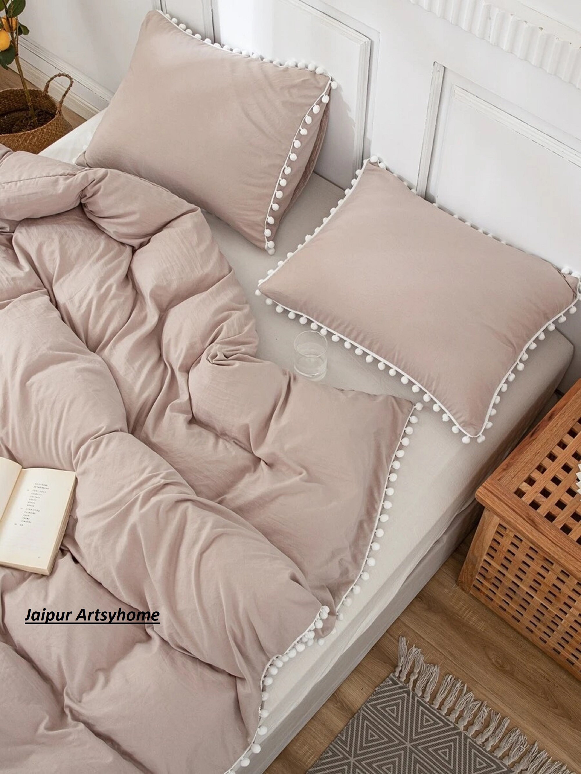 Beige Color and White Pom Pom Duvet Cover With Button 100 Etsy