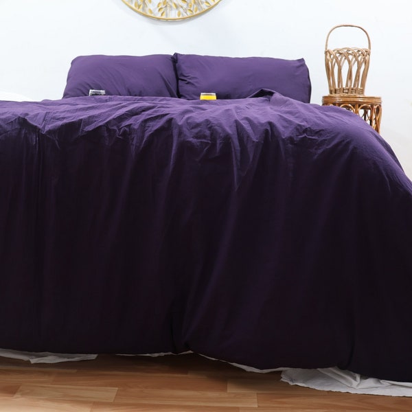 3 Pieces Set Washed Cotton Duvet Cover Boho Bedding 100% Cotton Exclusive Duvet Cover Uo Bedding Full Size Duvet Cover Dark Purple Duvet Set