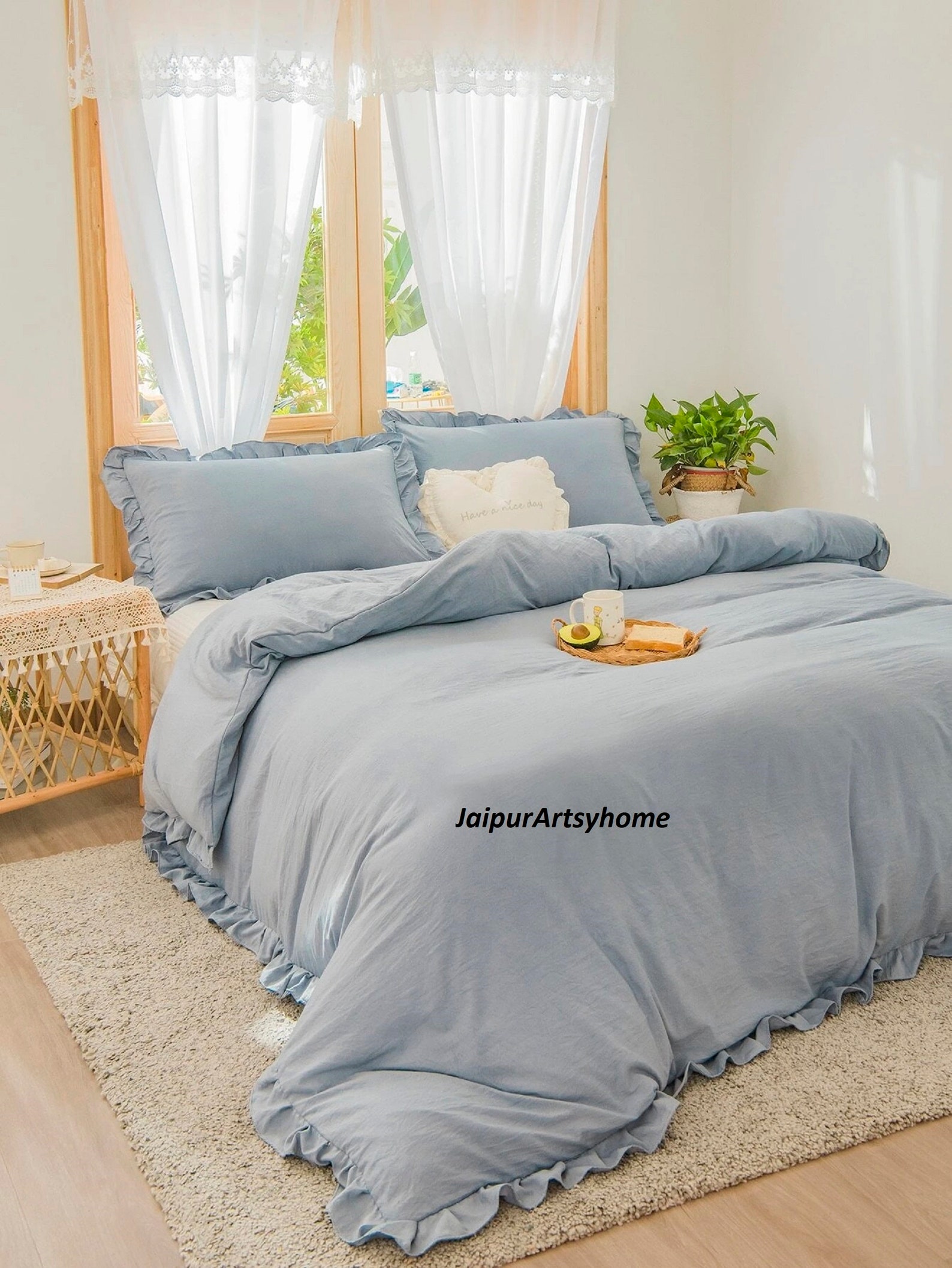 Ruffled Cotton Duvet Cover in Dusty Blue Bedding Set/ruffle Etsy