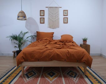 Juego de funda nórdica artesanal de lino color naranja óxido: ropa de cama de algodón lavado a la piedra.